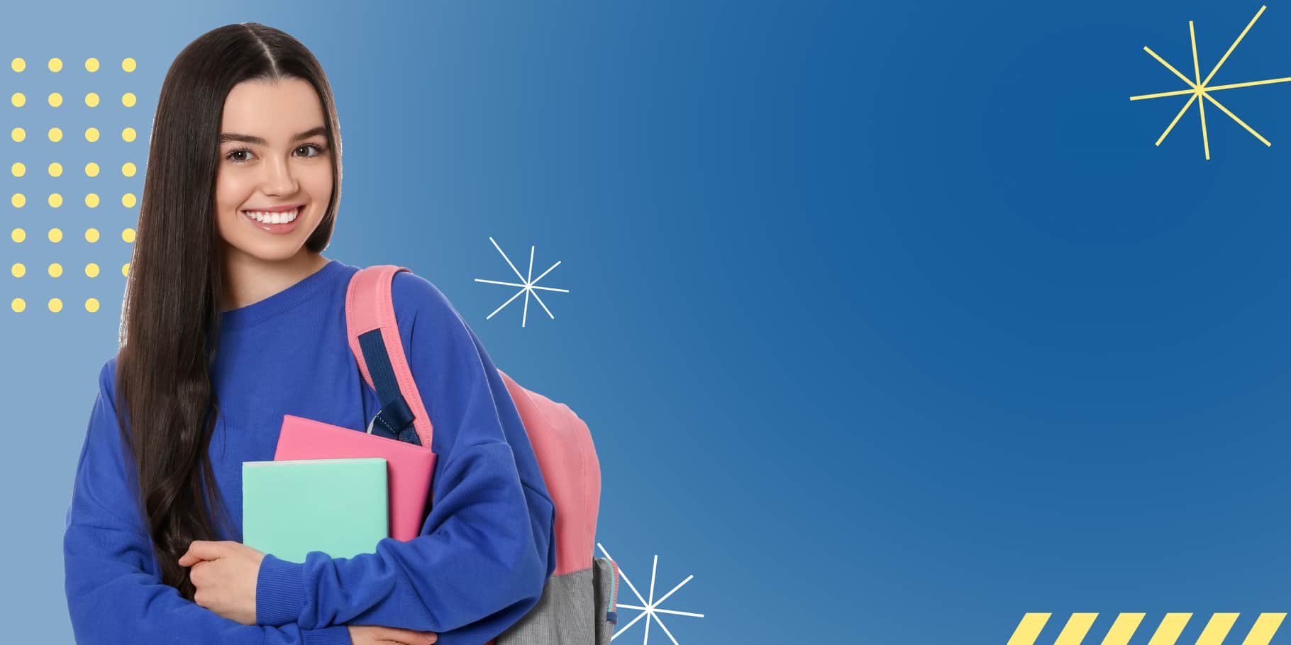 A smiling, young female student wearing a backpack and holdng books.